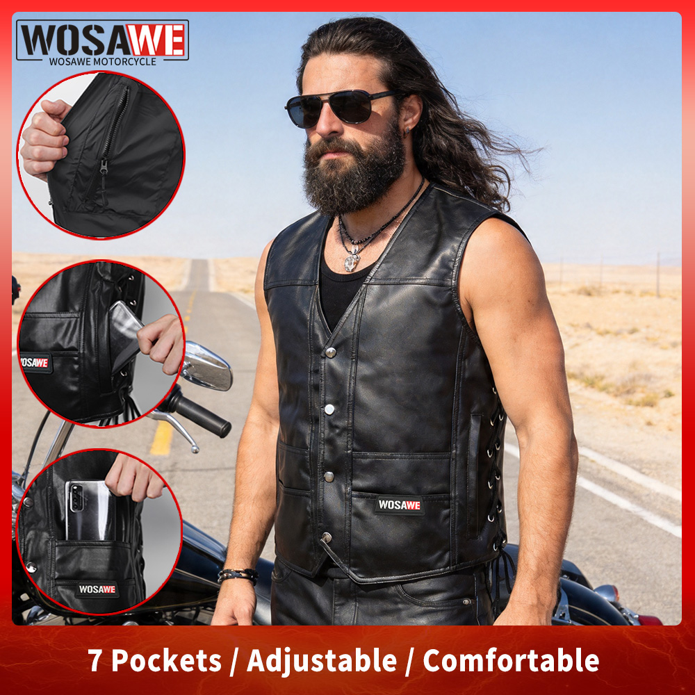Riding Jacket Leather - WOSAWE Leather Motorcycle Rider Vest Men
